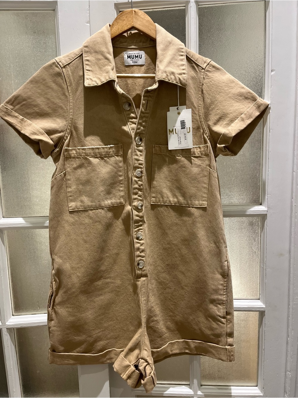 Show Me Your Mumu Short-Sleeve Button Romper — Tan